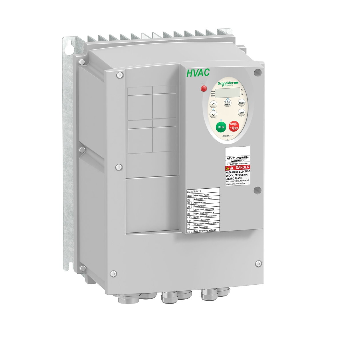 Variador vel. ATV212, 0,75 kW, 1 HP, 480 V, trifásico, CEM clase C2, IP55