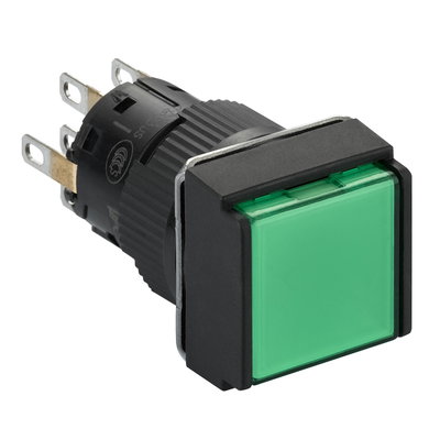 Square green illuminated pushbutton Ø16-flush spring return-24 VDC polarised-2CO