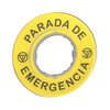Harmony XB4, Legend, plastic, yellow, Ø90, for emergency stop, marked PARADA DE EMERGENCIA with logo ISO13851