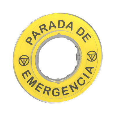Harmony XB4, Legend, plastic, yellow, Ø90, for emergency stop, marked PARADA DE EMERGENCIA with logo ISO13851