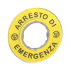 Harmony XB4, Legend, plastic, yellow, Ø90, for emergency stop, marked ARRESTO DE EMERGENZA with logo ISO13852