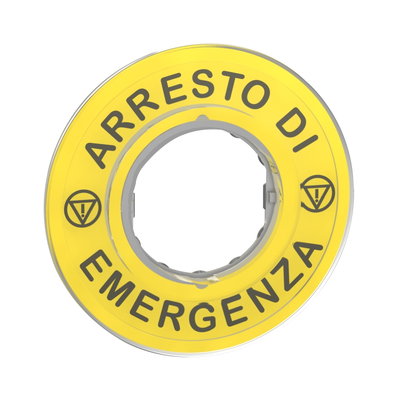 Harmony XB4, Legend, plastic, yellow, Ø90, for emergency stop, marked ARRESTO DE EMERGENZA with logo ISO13852