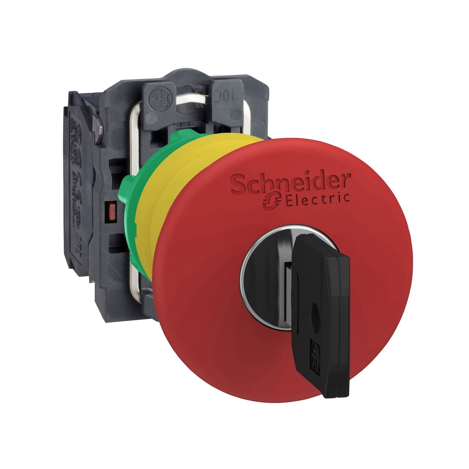 Harmony XB5, Emergency stop switching off, plastic, red mushroom Ø40, Ø22 trigger latching key release, 1 NO + 1 NC