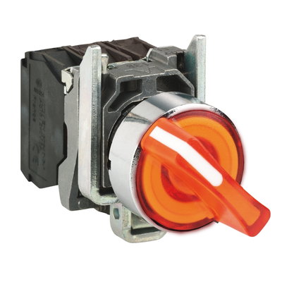Illuminated selector switch, Harmony XB4, metal, orange handle, 22mm, universal LED, 2 positions, 1NO + 1NC, 110...120V AC