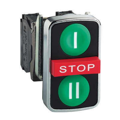 Triple-headed push button, metal, Ø22, marked, 1 green flush I + 1 red projecting STOP + 1 green flush II, 2 NO + 1 NC