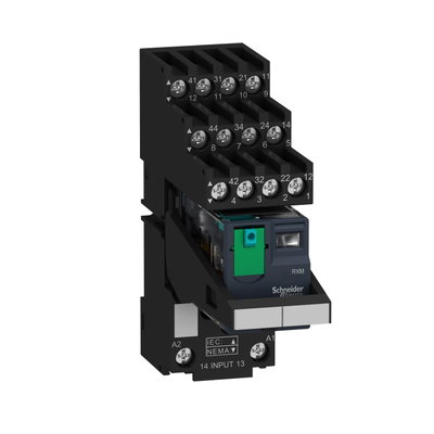 Harmony, Miniature plug-in relay pre-assembled, 6 A, 4 CO, with lockable test button, separate terminals socket, 24 V DC