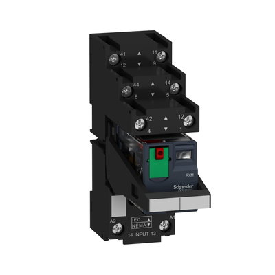 Miniaturrelais 2W 10A 24VAC LED Prüftaste Sockel getr. Bügel Schild montiert