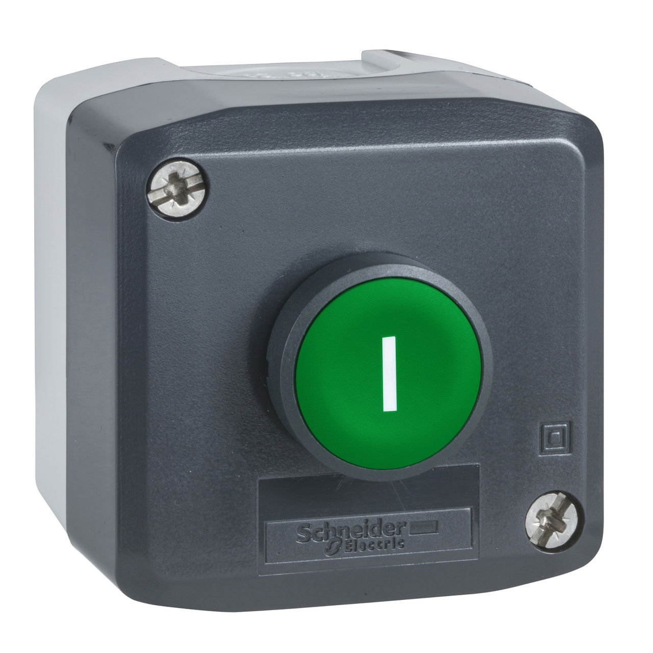 Control station, plastic, dark grey lid, 1 green flush push button Ø22, spring return, marked I, 1 NO