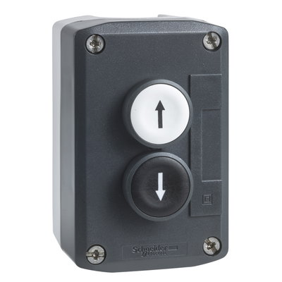 Control station, plastic, dark grey lid, 2 flush push buttons Ø22, marked UP ARROW DOWN ARROW, 2 NO