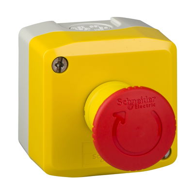 Harmony XALD, XALK, Control station, plastic, yellow lid, 1 red mushroom push button Ø40, turn to release, 1 NC