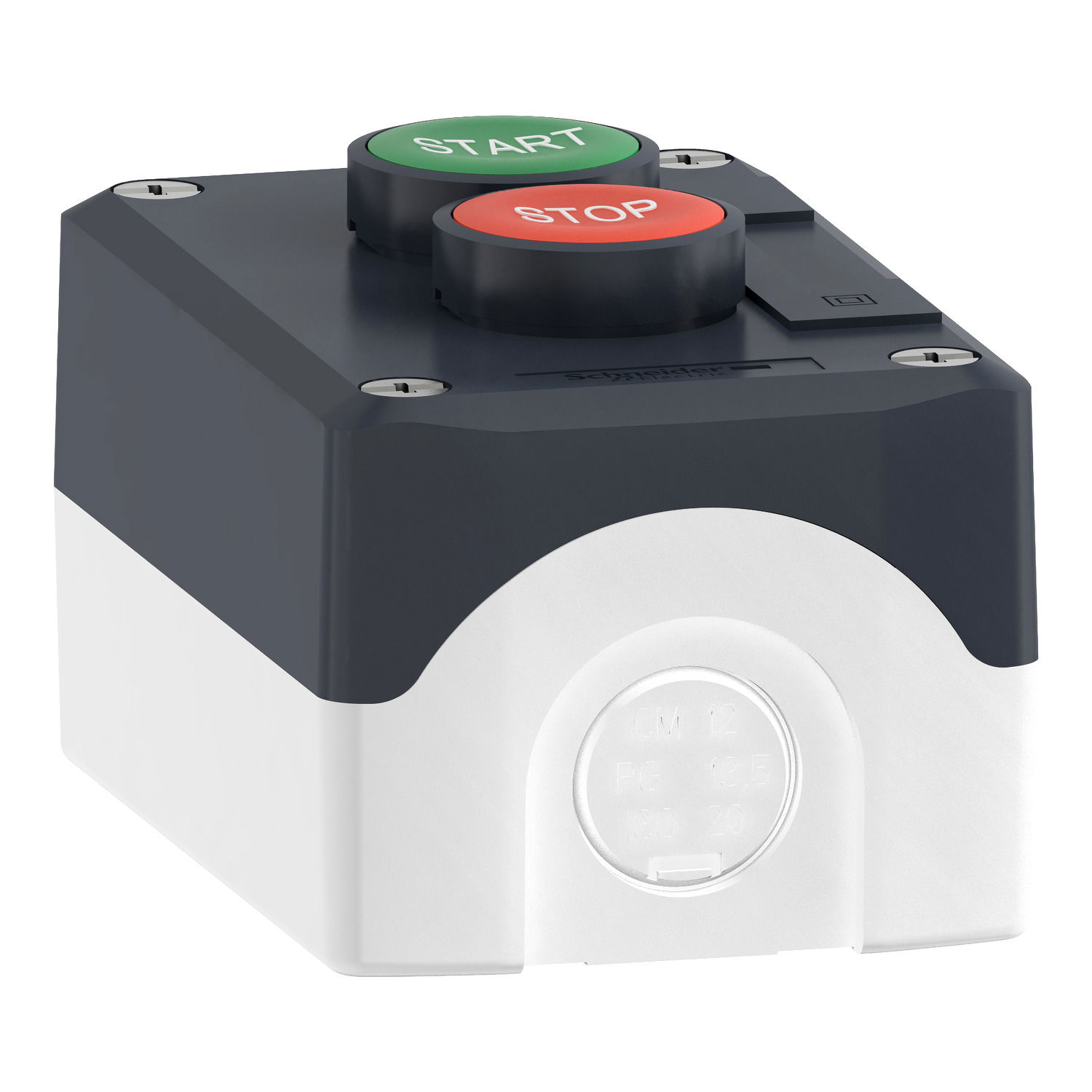 Control station, plastic, dark grey lid, 2 flush push buttons Ø22, marked START STOP, 1 NO + 1 NC – Image 3 of 10