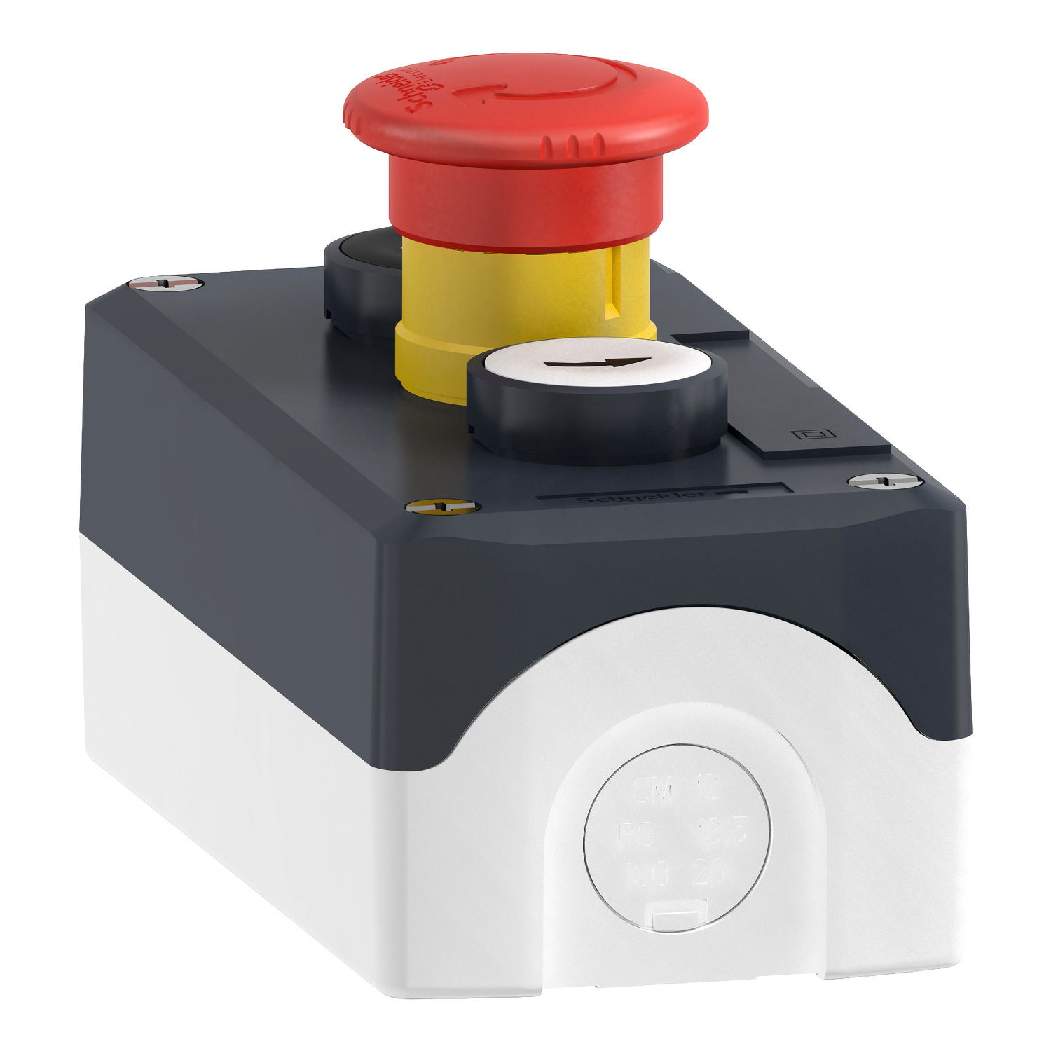 Control station, plastic, dark grey lid, 2 flush push buttons Ø22, marked UP ARROW / DOWN ARROW, 1 red mushroom Ø30 – Image 3 of 10