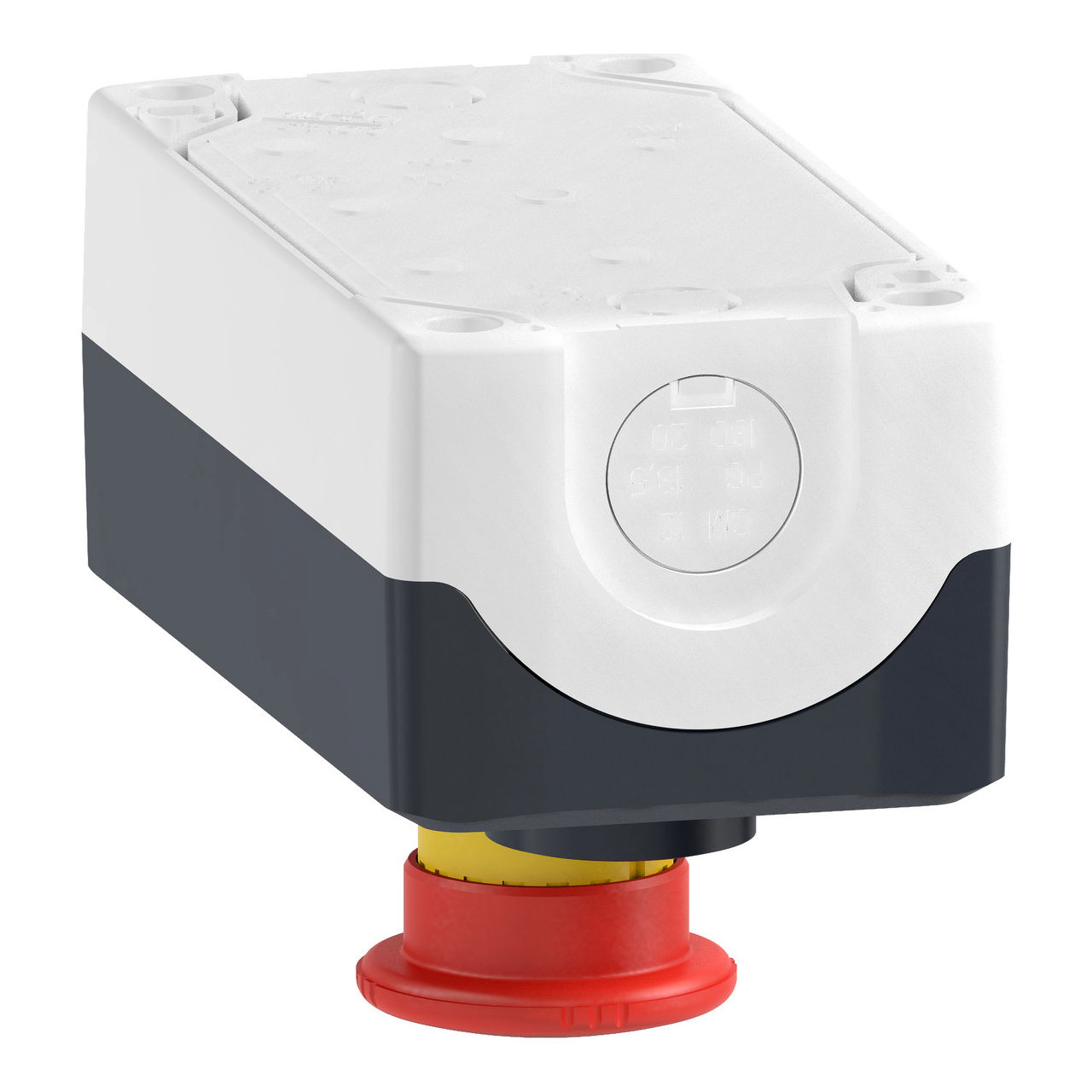 Control station, plastic, dark grey lid, 2 flush push buttons Ø22, marked UP ARROW / DOWN ARROW, 1 red mushroom Ø30 – Image 5 of 10