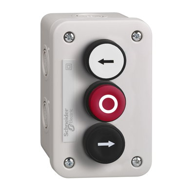 Control station with white pushbutton 1NO + black 1NO + red projecting 1NC