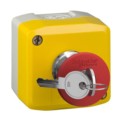 Yellow station, 1 red mushroom head pushbutton Ø40 key release 1NC