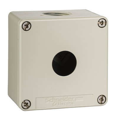 Empty enclosure, zinc alloy, grey RAL 7032, 1 cut-out, Ø22 mm, 80x80x51.5 mm