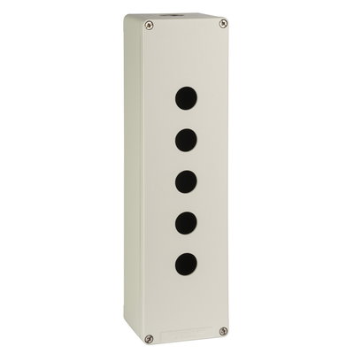 Empty enclosure, aluminum, grey RAL 7032, 5 cut-outs, Ø22 mm, 85x310x77 mm