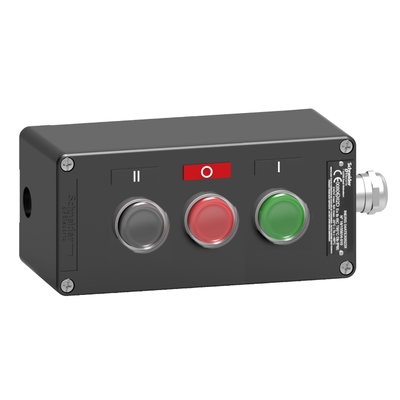 Control station, metal, three functions, 3 flush push buttons, green, red, black, 2 NO + 1 NC, ATEX