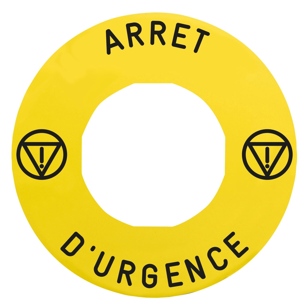Legend holder Ø60 for emergency stop, plastic, yellow, for padlocking, marked ARRET D'URGENCE