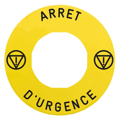 Legend holder Ø60 for emergency stop, plastic, yellow, for padlocking, marked ARRET D'URGENCE