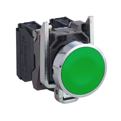 Harmony XB4, Push button, metal, flush, green, Ø22, spring return, unmarked, 1 NO + 1 NC