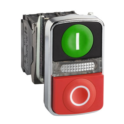 Illuminated double-headed push button, metal, Ø22, 1 green flush I + 1 pilot light + 1 red projecting O, 1 NO + 1 NC
