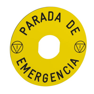 Marked legend Ø90 for emergency stop -PARADA DE EMERGENCIA/logo ISO13850