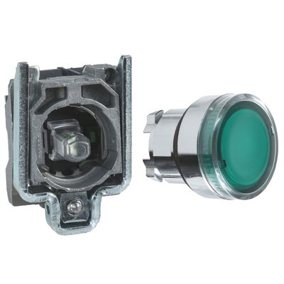 Illuminated push button, Harmony XB4, green flush complete illum pushbutton Ø22 mm spring return 1 NO 24 V
