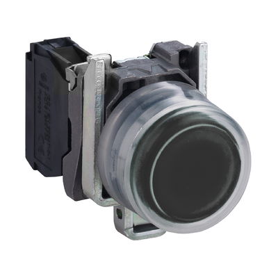 Push button, metal, projecting, black, Ø22, spring return, booted, unmarked, 1 NO