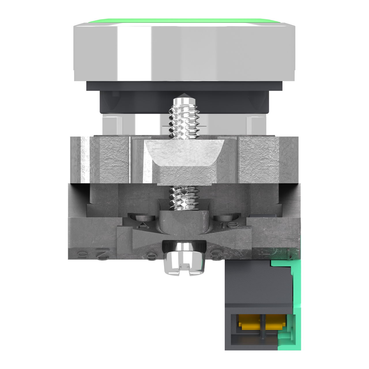 Push button, Harmony XB4, metal, flush, green, 22mm, spring return, white marked I, 1 NO, compact push in terminals – Image 3 of 10