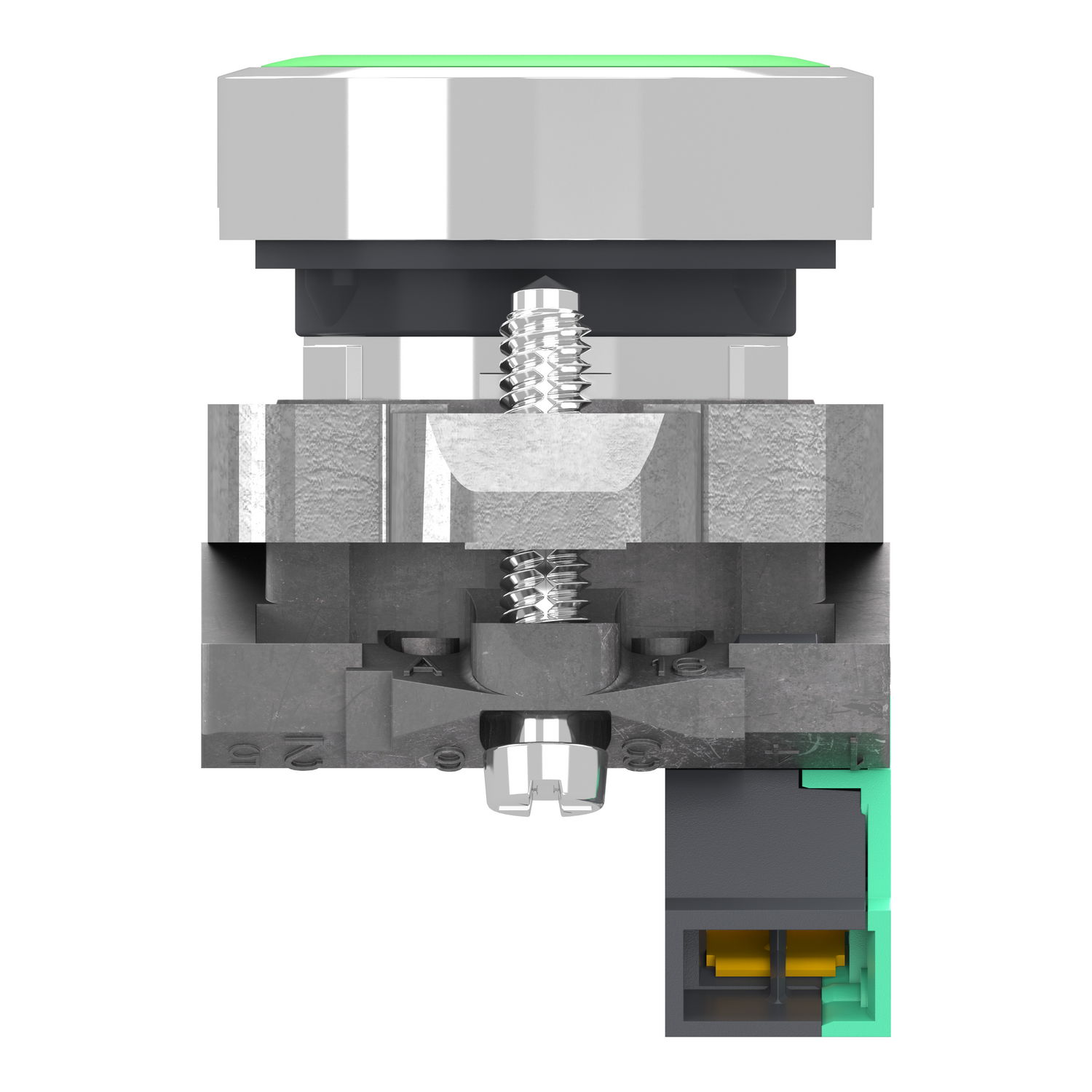 Push button, Harmony XB4, metal, flush, green, 22mm, spring return, white marked I, 1 NO, compact push in terminals – Image 3 of 10