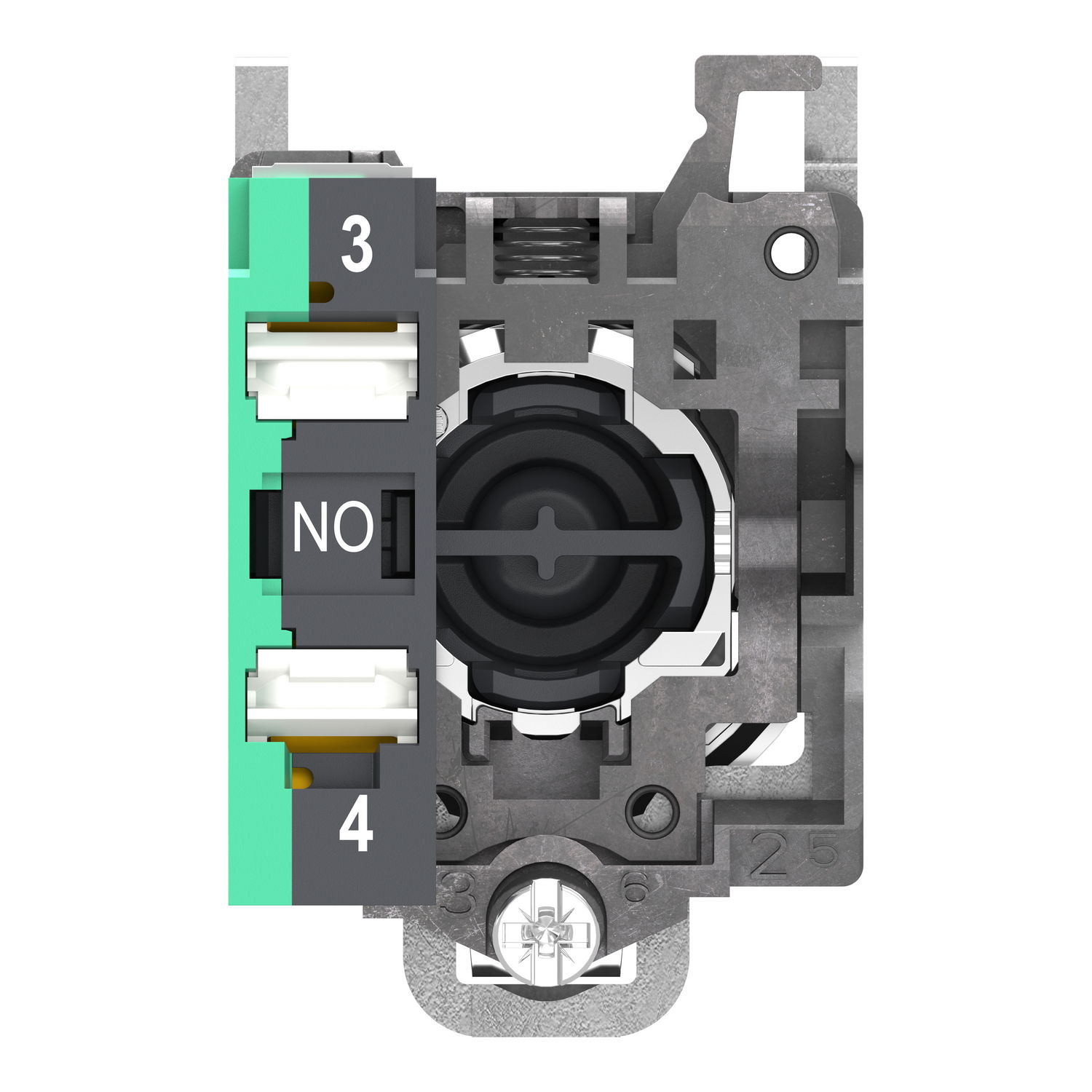 Push button, Harmony XB4, metal, flush, green, 22mm, spring return, white marked I, 1 NO, compact push in terminals – Image 2 of 10