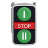 Triple-headed push button, metal, Ø22, marked, 1 green flush I + 1 red projecting STOP + 1 green flush II, 2 NO + 1 NC