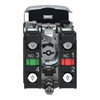 Triple-headed push button, metal, Ø22, marked, 1 green flush I + 1 red projecting STOP + 1 green flush II, 2 NO + 1 NC