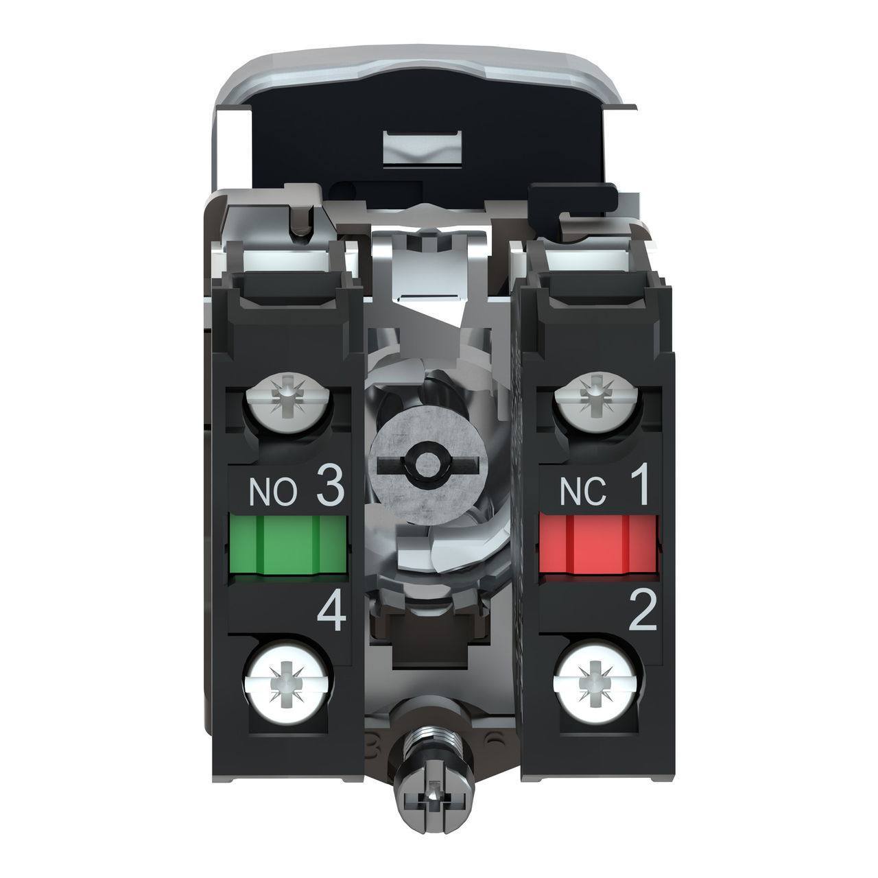 Triple-headed push button, metal, Ø22, marked, 1 green flush I + 1 red projecting STOP + 1 green flush II, 2 NO + 1 NC – Image 2 of 9