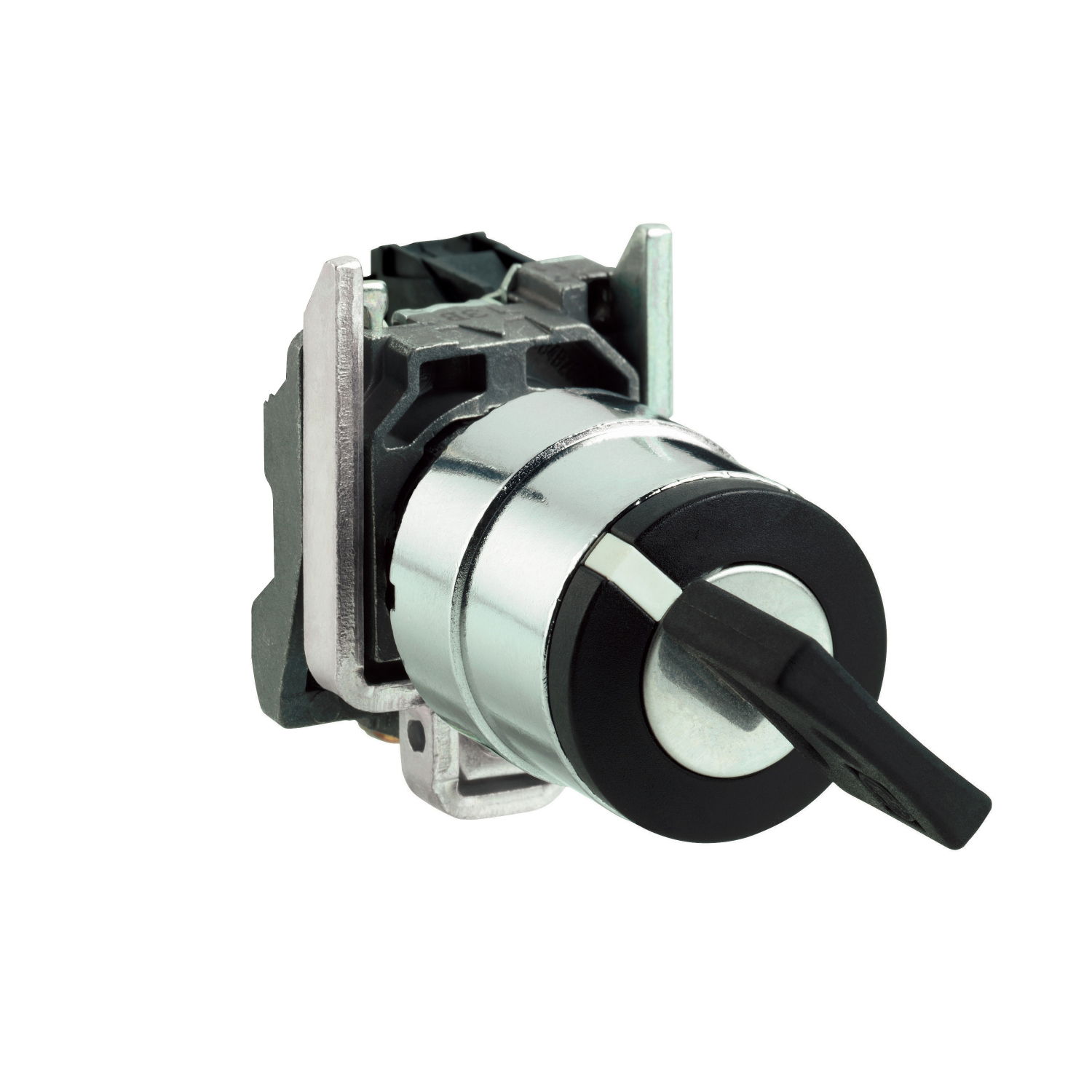 Key switch selector, metal, black, Ø22, key n°455, 2 positions, spring return right to left, 1 NO