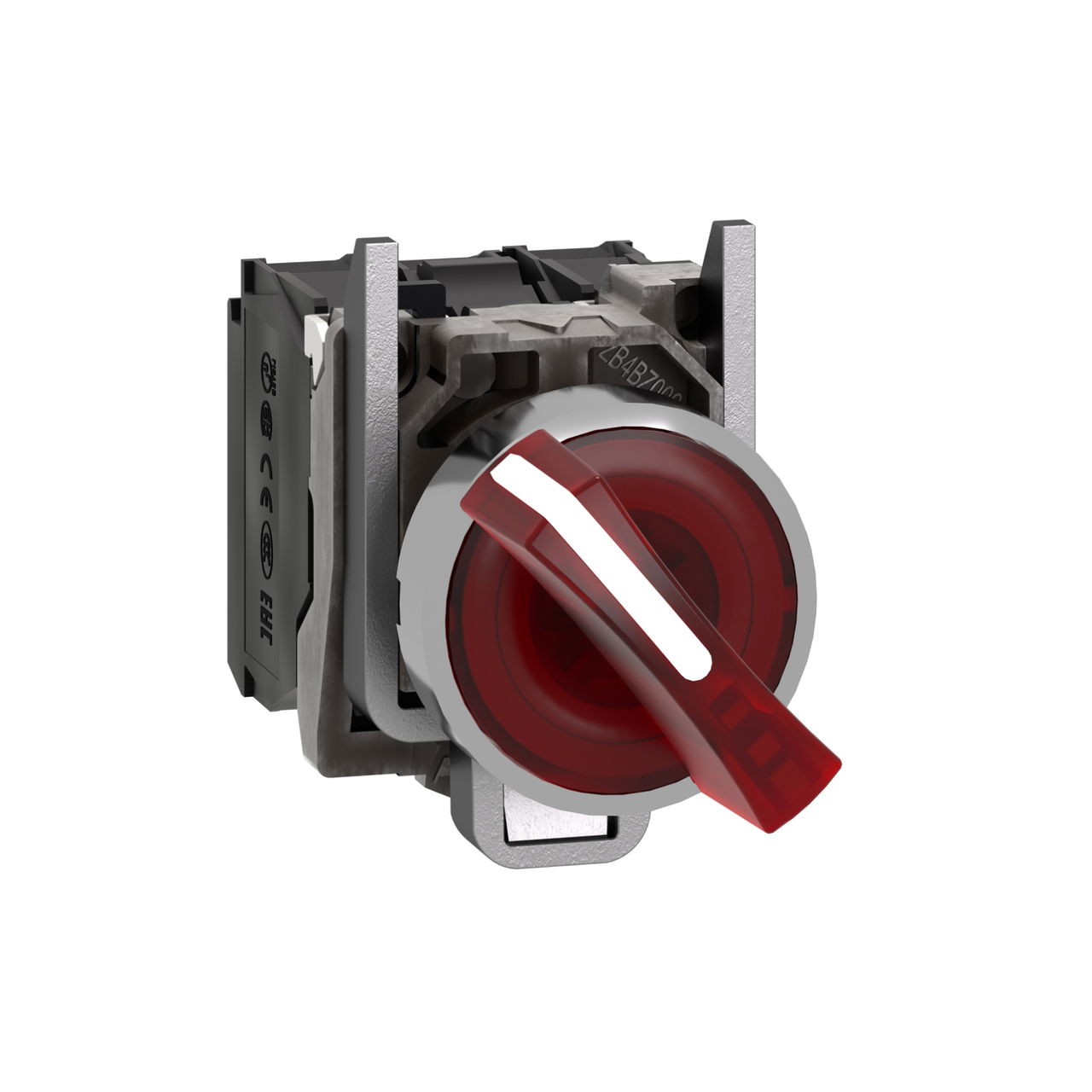 Illuminated selector switch, Harmony XB4, metal, red handle, 22mm, universal LED, 2 positions, 1NO + 1NC, 110...120V AC