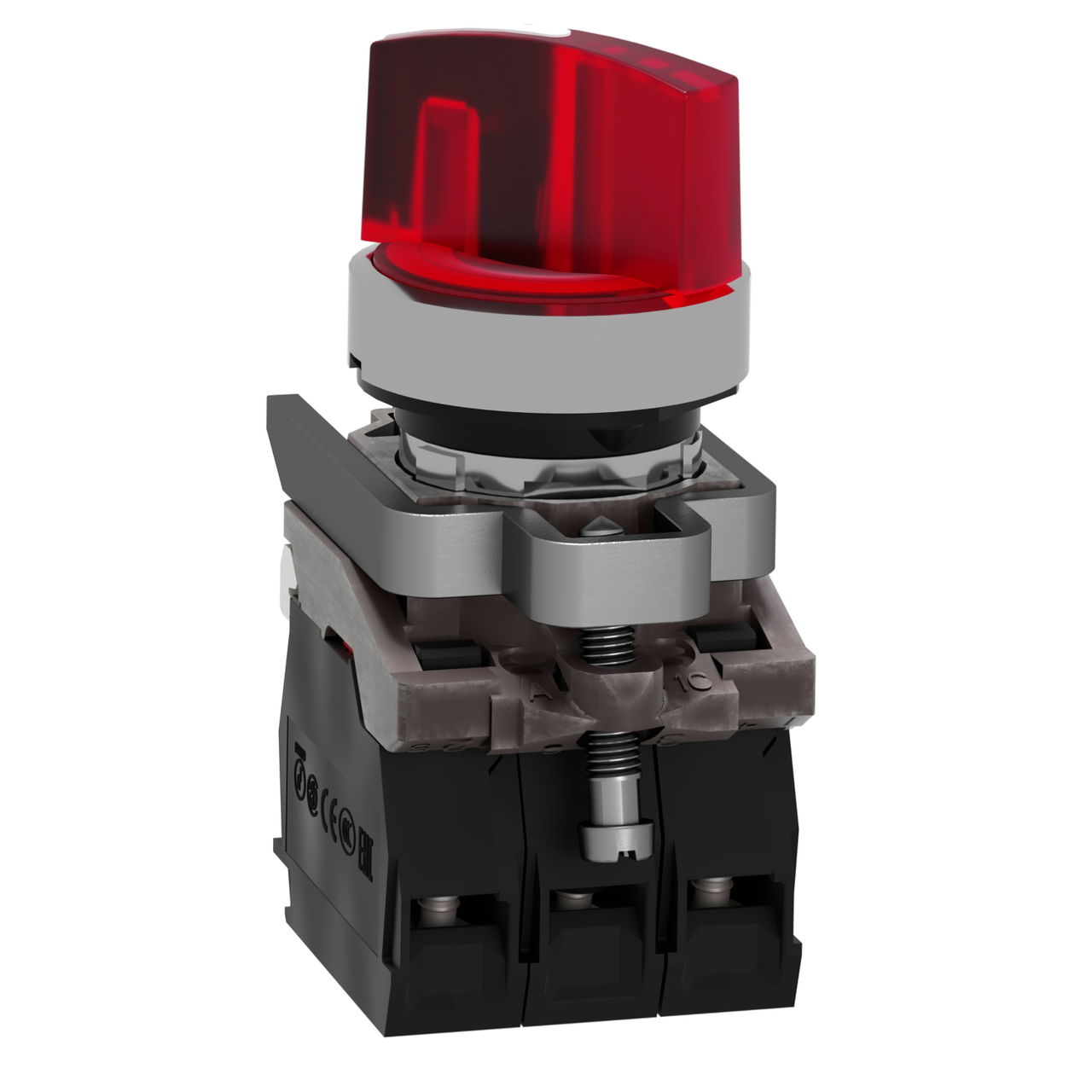 Illuminated selector switch, Harmony XB4, metal, red handle, 22mm, universal LED, 2 positions, 1NO + 1NC, 230...240V AC – Image 3 of 5