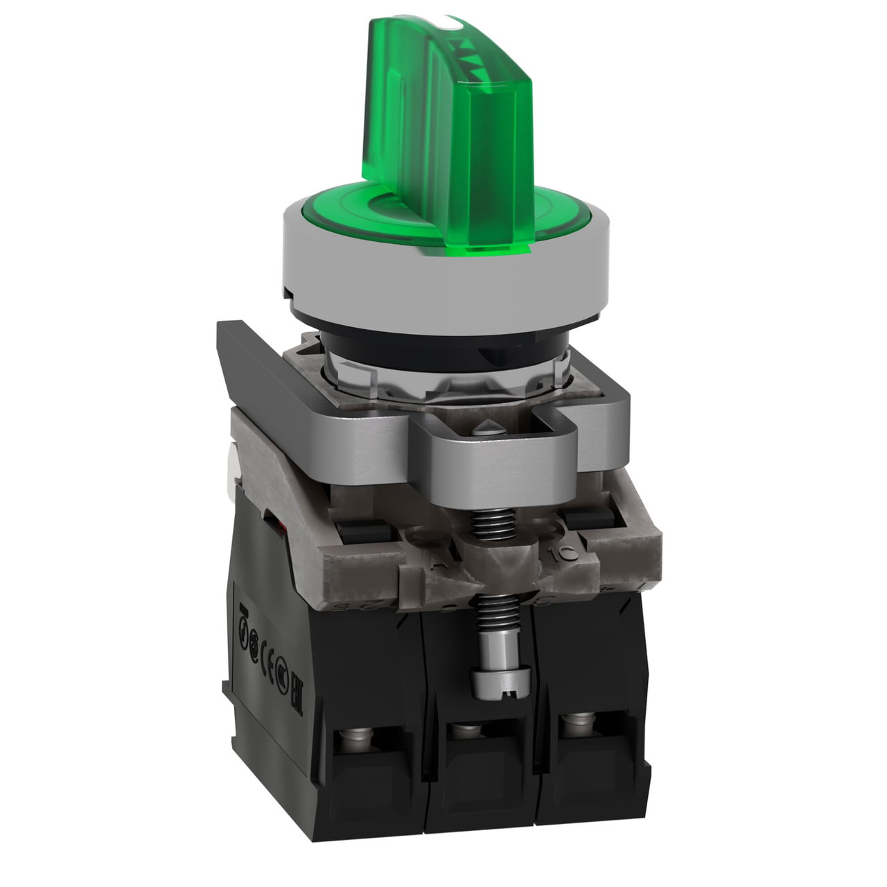 Illuminated selector switch, Harmony XB4, metal, green handle, 22mm, universal LED, 3 positions, 1NO + 1NC, 24V AC DC – Image 2 of 8
