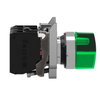 Illuminated selector switch, Harmony XB4, metal, green handle, 22mm, universal LED, 3 positions, 1NO + 1NC, 24V AC DC