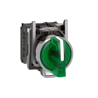 Illuminated selector switch, Harmony XB4, metal, green handle, 22mm, universal LED, 3 positions, 1NO + 1NC, 24V AC DC