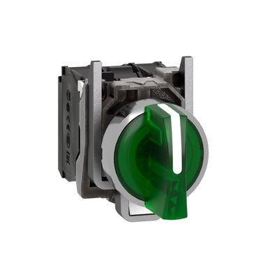Illuminated selector switch, Harmony XB4, metal, green handle, 22mm, universal LED, 3 positions, 1NO + 1NC, 110...120V AC