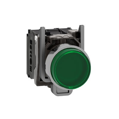 Illuminated push button, Harmony XB4, green flush, universal LED, 22mm, spring return, plain lens, 1NO + 1NC, 24V