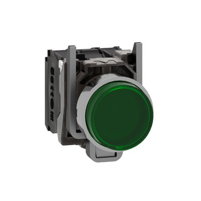 Illuminated push button, Harmony XB4, green flush, universal LED, 22mm, spring return, plain lens, 1NO + 1NC, 110…120V
