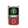 Illuminated double-headed push button, metal, Ø22, 1 green flush I + 1 pilot light + 1 red projecting O, 1 NO + 1 NC