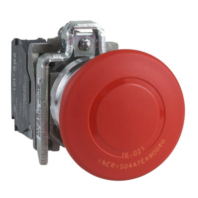Harmony XB4 - ATEX D, Emergency stop switching off, metal, red mushroom Ø40, Ø22, trigger latching push-pull, 1 NO + 1 NC, ATEX