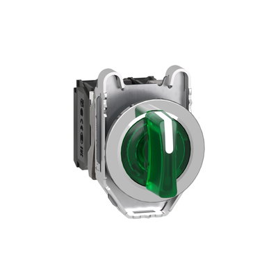 Illuminated selector switch, Harmony XB4, metal, green handle, 30mm, universal LED, 3 positions, 1NO + 1NC, 24V AC DC
