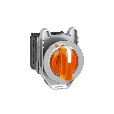 Illuminated selector switch, Harmony XB4, metal, orange handle, 30mm, universal LED, 3 positions, 1NO + 1NC, 24V AC DC