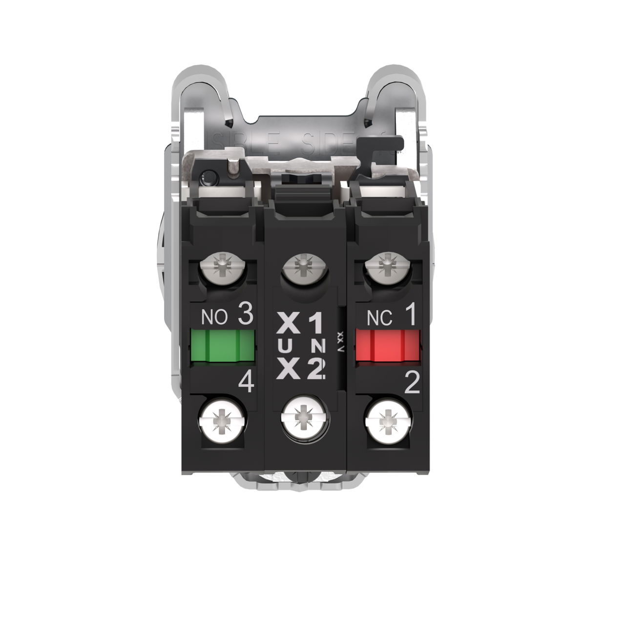 Illuminated push button, Harmony XB4, metal, green flush mounted, 30mm, universal LED, plain lens, 1NO + 1NC, 120V AC – Image 2 of 6