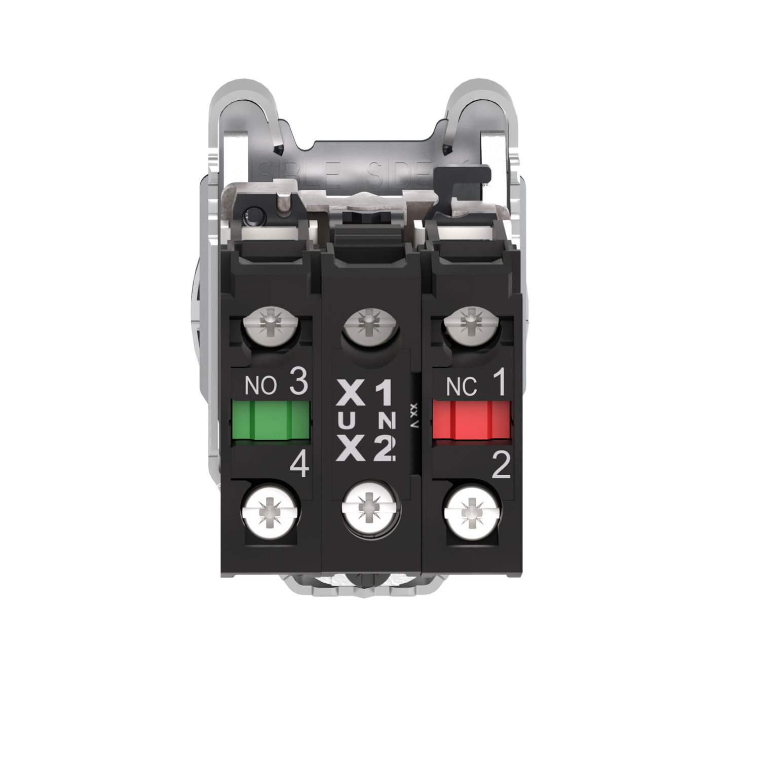 Illuminated push button, Harmony XB4, metal, green flush mounted, 30mm, universal LED, plain lens, 1NO + 1NC, 120V AC – Image 2 of 6